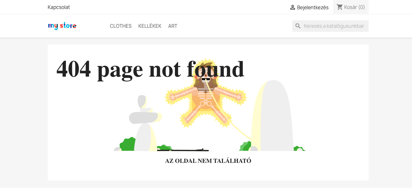 Az egyedi 404-es oldal a webshopban: nagy 404 felirat, illusztráció és az Az oldal nem található üzenet a webshop fejlécével
