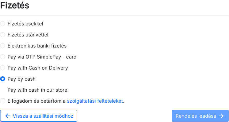 The checkout payment step: cash payment selected among the payment methods