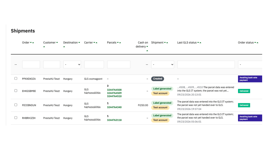 GLS shipments list: a multi-parcel shipment with its parcel numbers, cash on delivery, GLS status and order state
