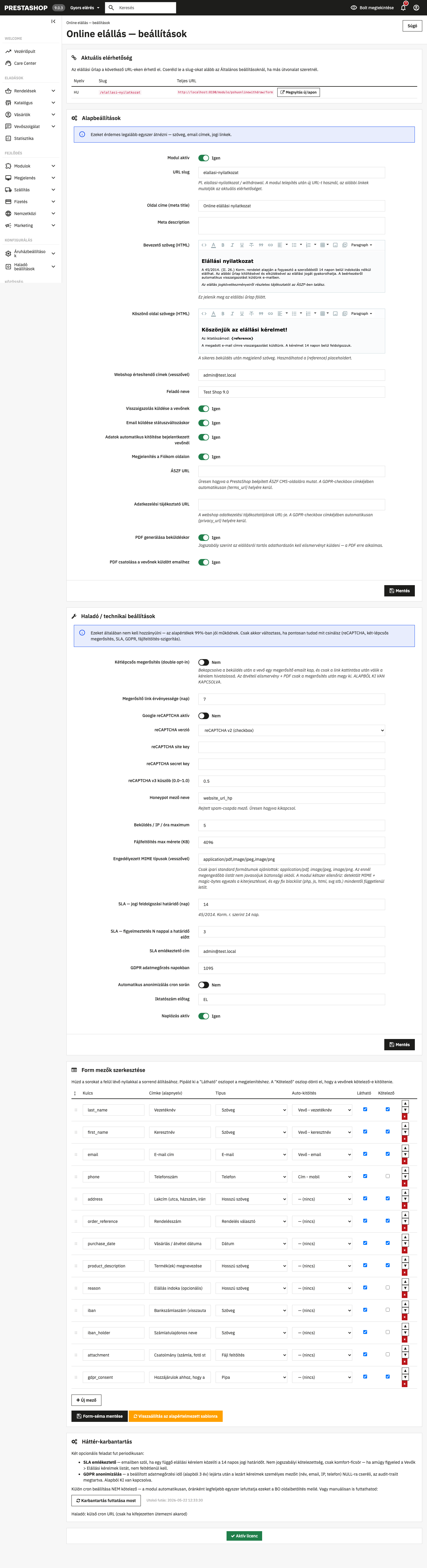 Modul beállítások a PrestaShop adminban
