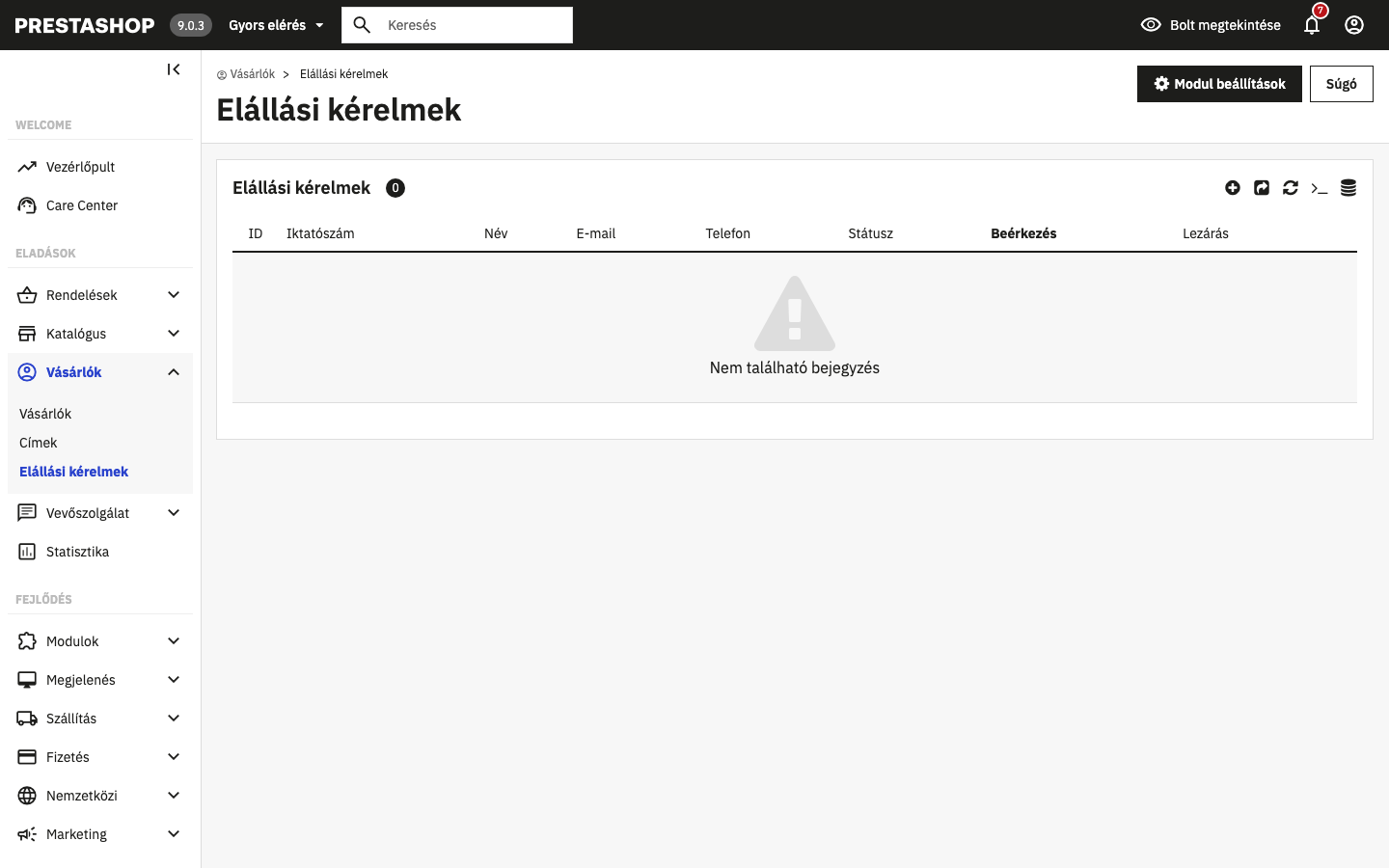 Elállási kérelmek listája a back officeban