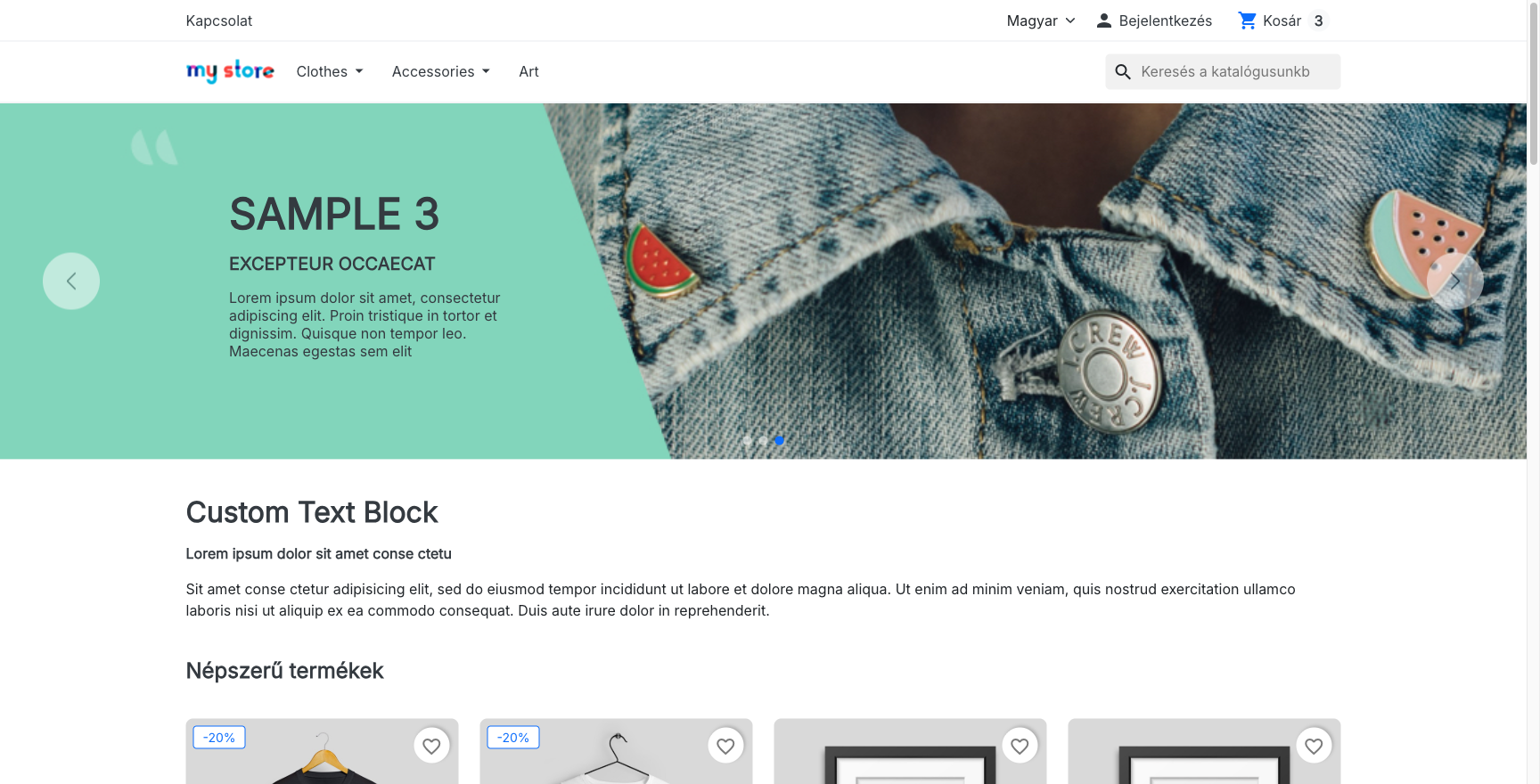A PrestaShop webshop előlapja, amelyet a modul telepíthető alkalmazásként tesz elérhetővé a telefonon