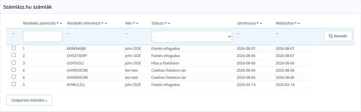 A kiállított Számlázz.hu bizonylatok listája a PrestaShop admin felületén