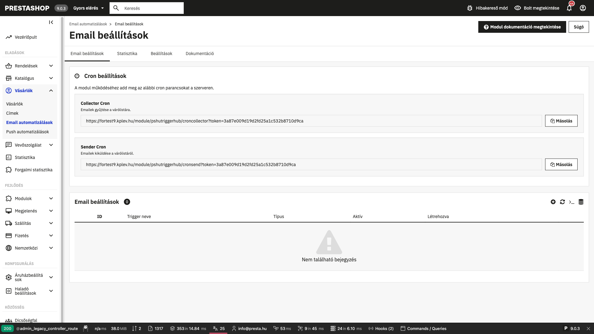 Az e-mail automatizálás beállító felülete a PrestaShop adminban, a cron URL-ekkel és a trigger listával