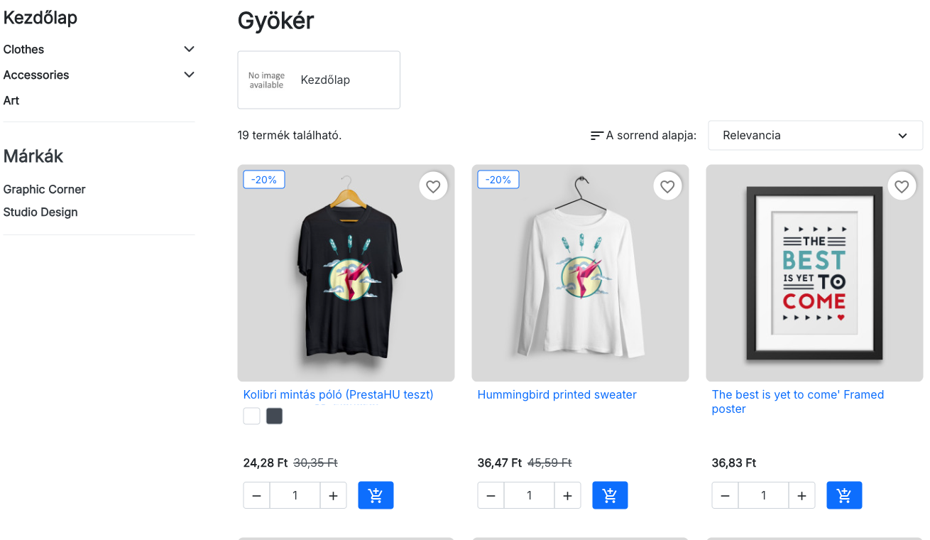 Az importált termékek a webshop katalógusában, árral és kosárba tétellel