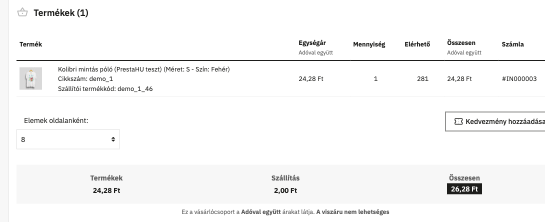Webshippy-forrású termék egy rendelésben, szállítói termékkóddal és szinkronizált készlettel